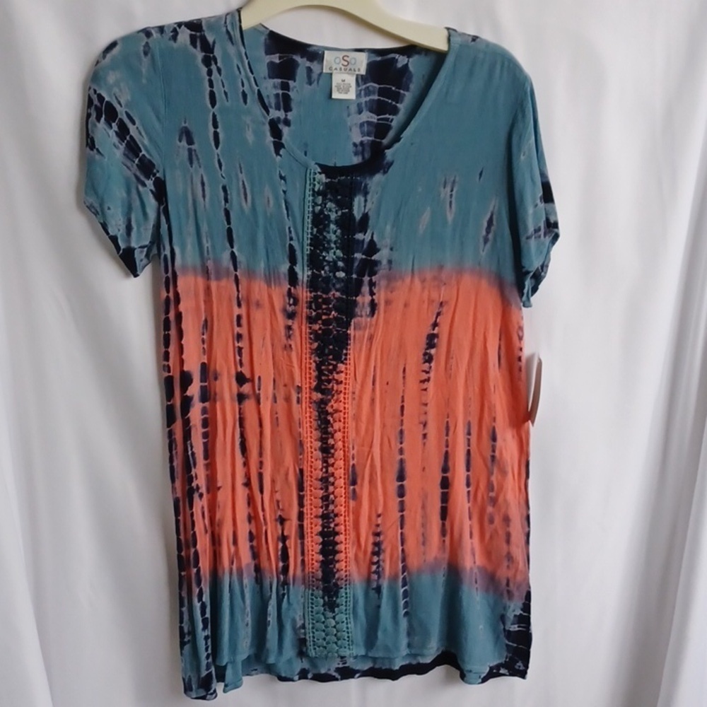 Oso Casuals Tie Dye Tunic Top Sz M, 21" PTP, 32" L, Pink & Blue